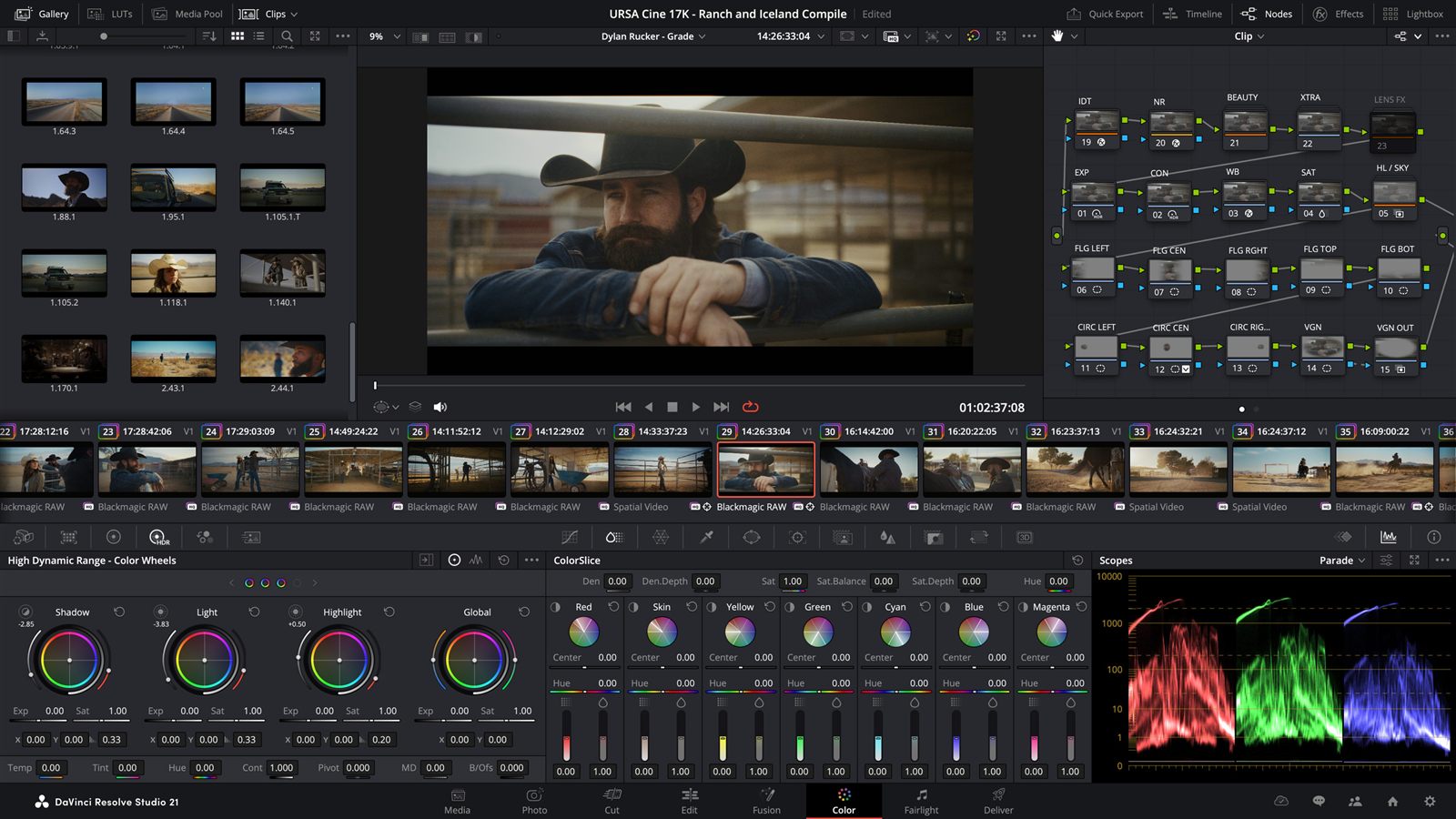 Interfaz de DaVinci Resolve Studio en la pagina de color