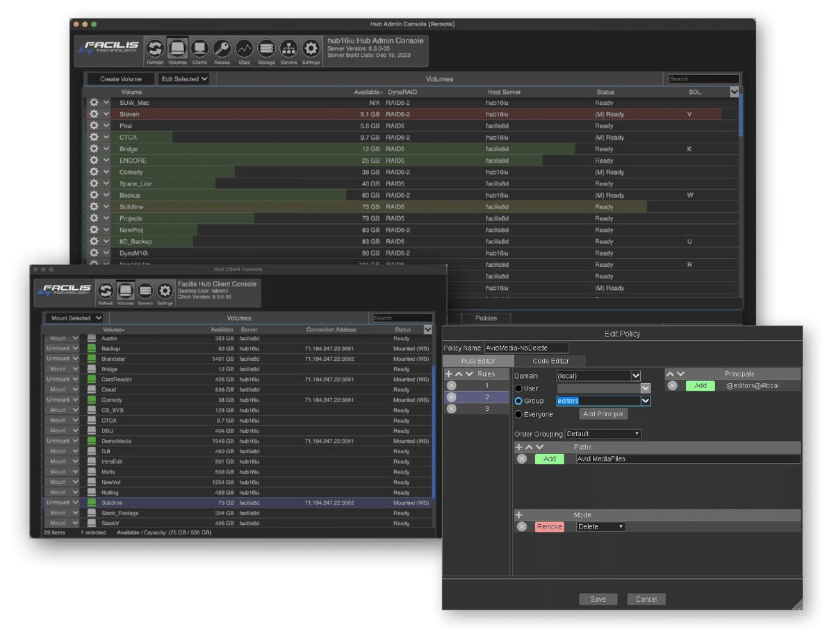 Interfaz del software de gestión de medios Facilis FastTracker