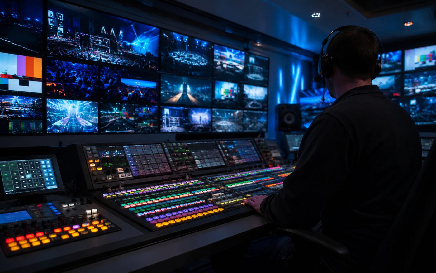 Sala de control de televisión con matrices de video y monitores broadcast