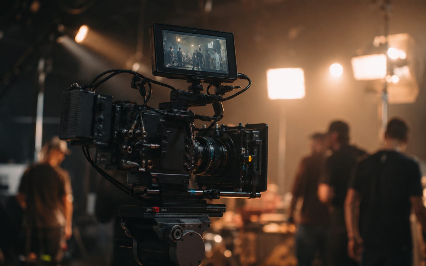 Consola de producción audiovisual con cámaras y equipos de set