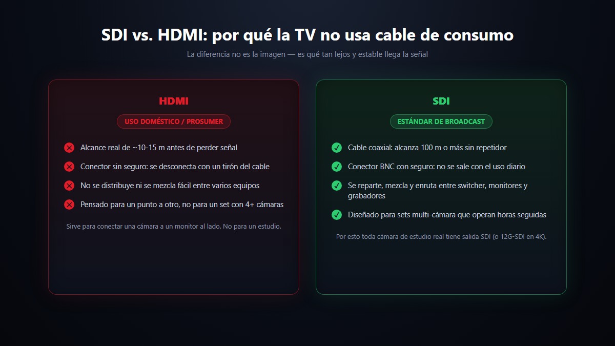Comparación entre salida SDI de broadcast y salida HDMI de consumo