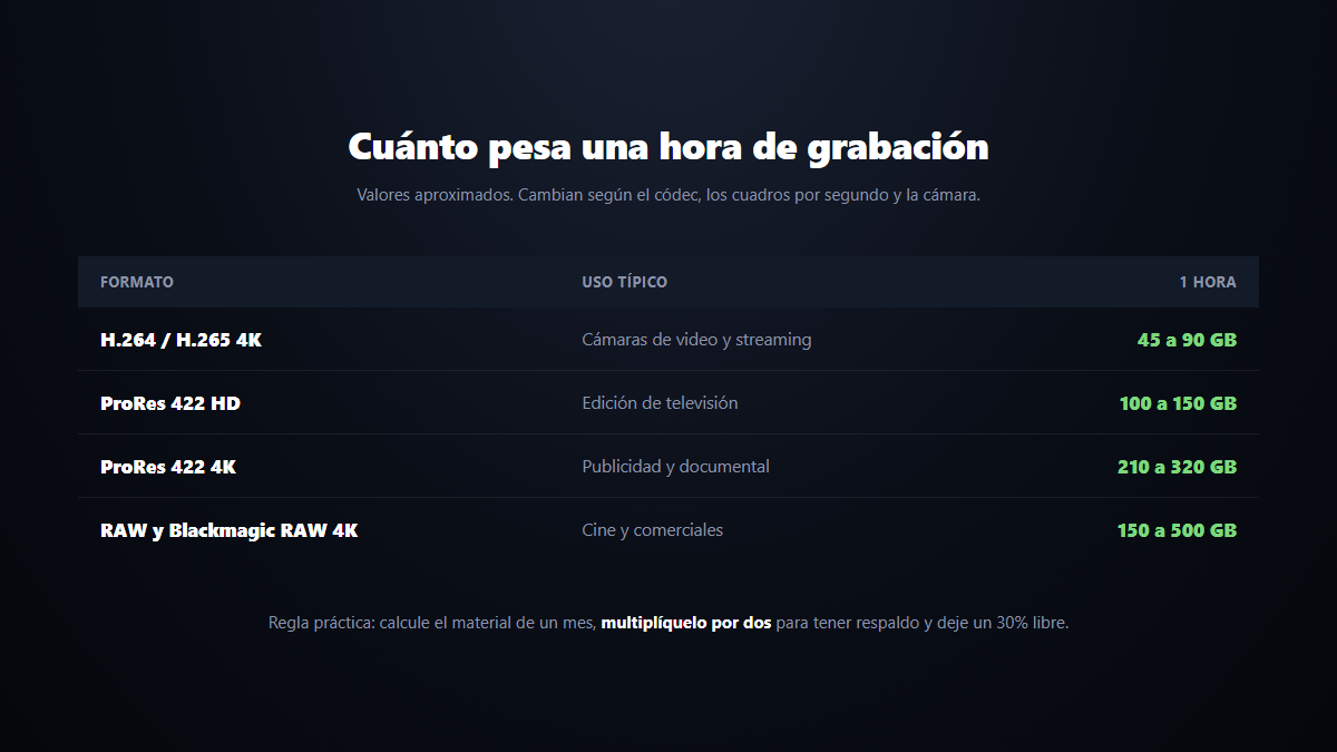 Tabla del peso aproximado de una hora de grabación según el formato: H.264, ProRes y RAW