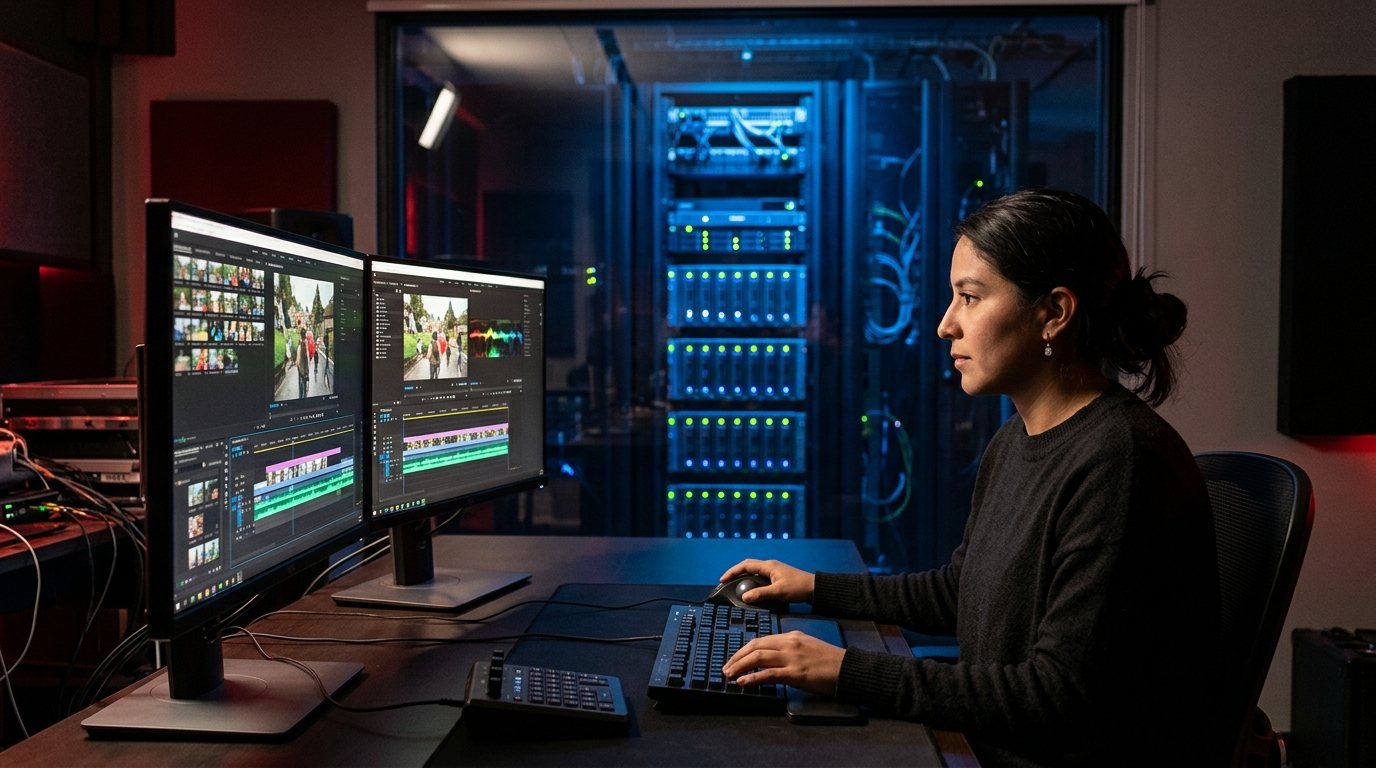 Editora de video trabajando con almacenamiento compartido en red