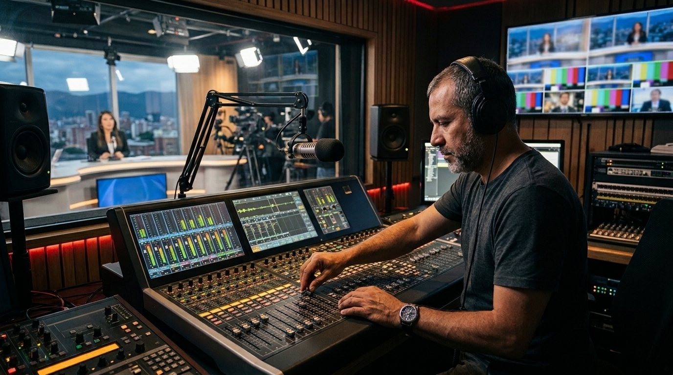 Ingeniero de sonido operando una consola de mezcla en un control de audio de televisión