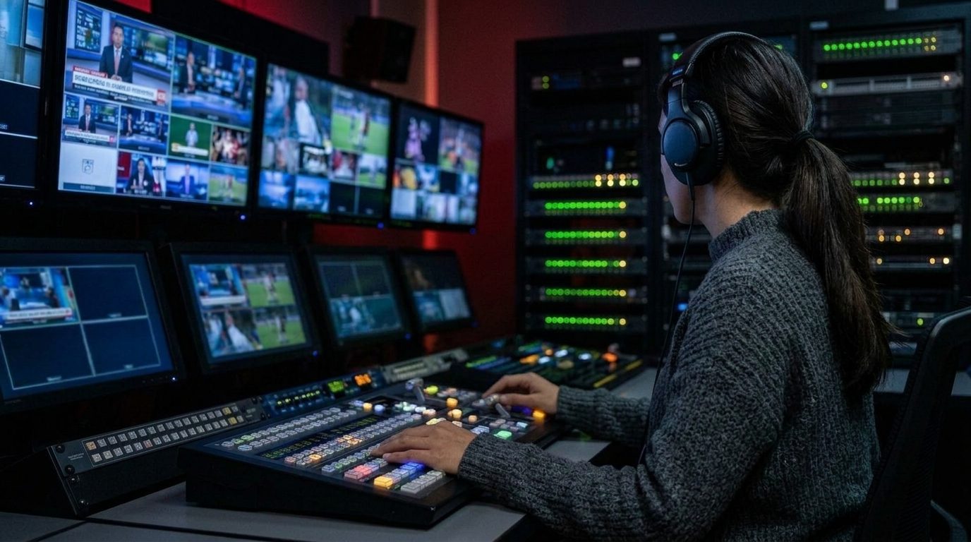 Operadora en el switcher de producción de un control máster de televisión