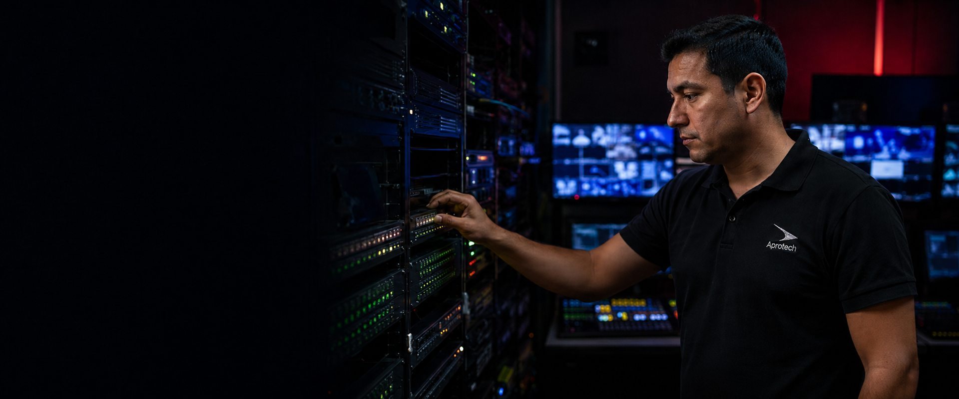 Ingeniero de Aprotech revisando un rack de equipos de broadcast