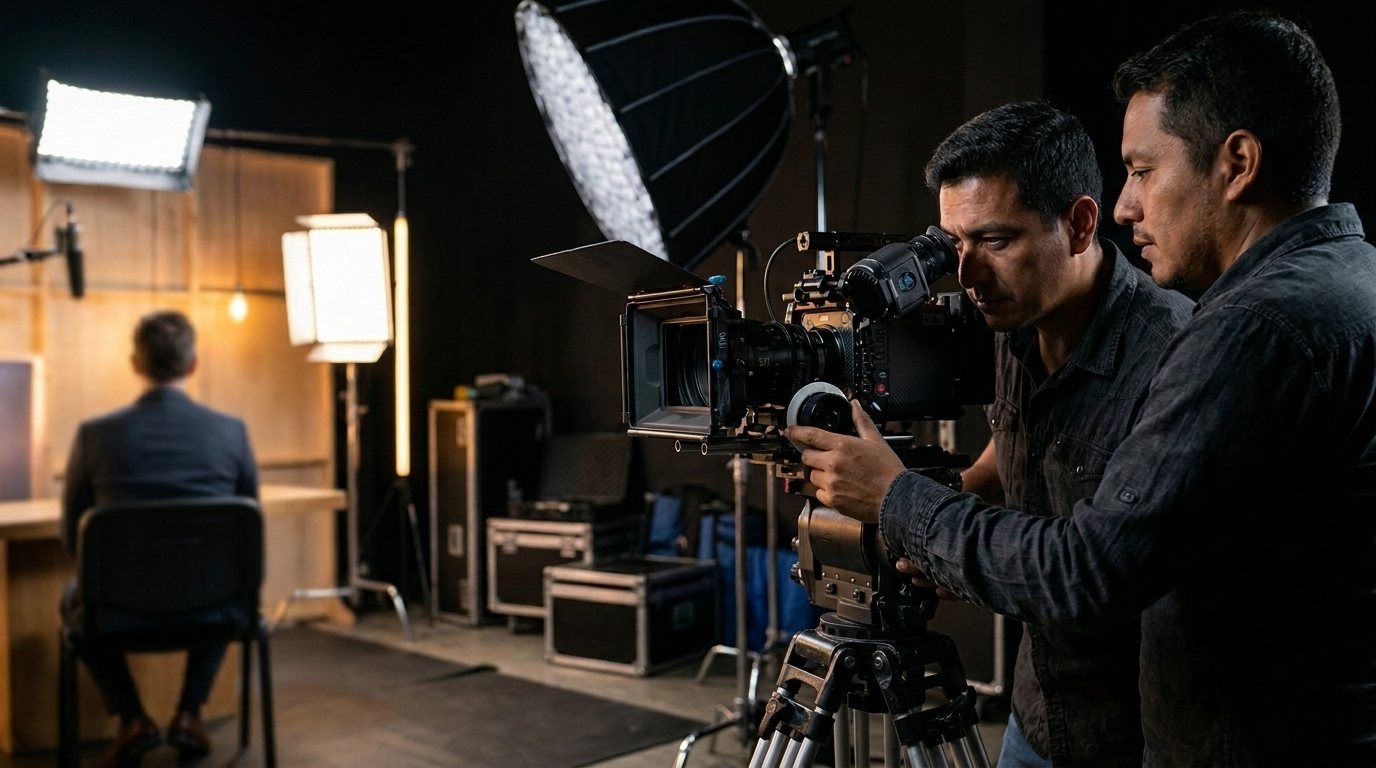 Camarógrafo y foquista operando una cámara de cine en un set de grabación